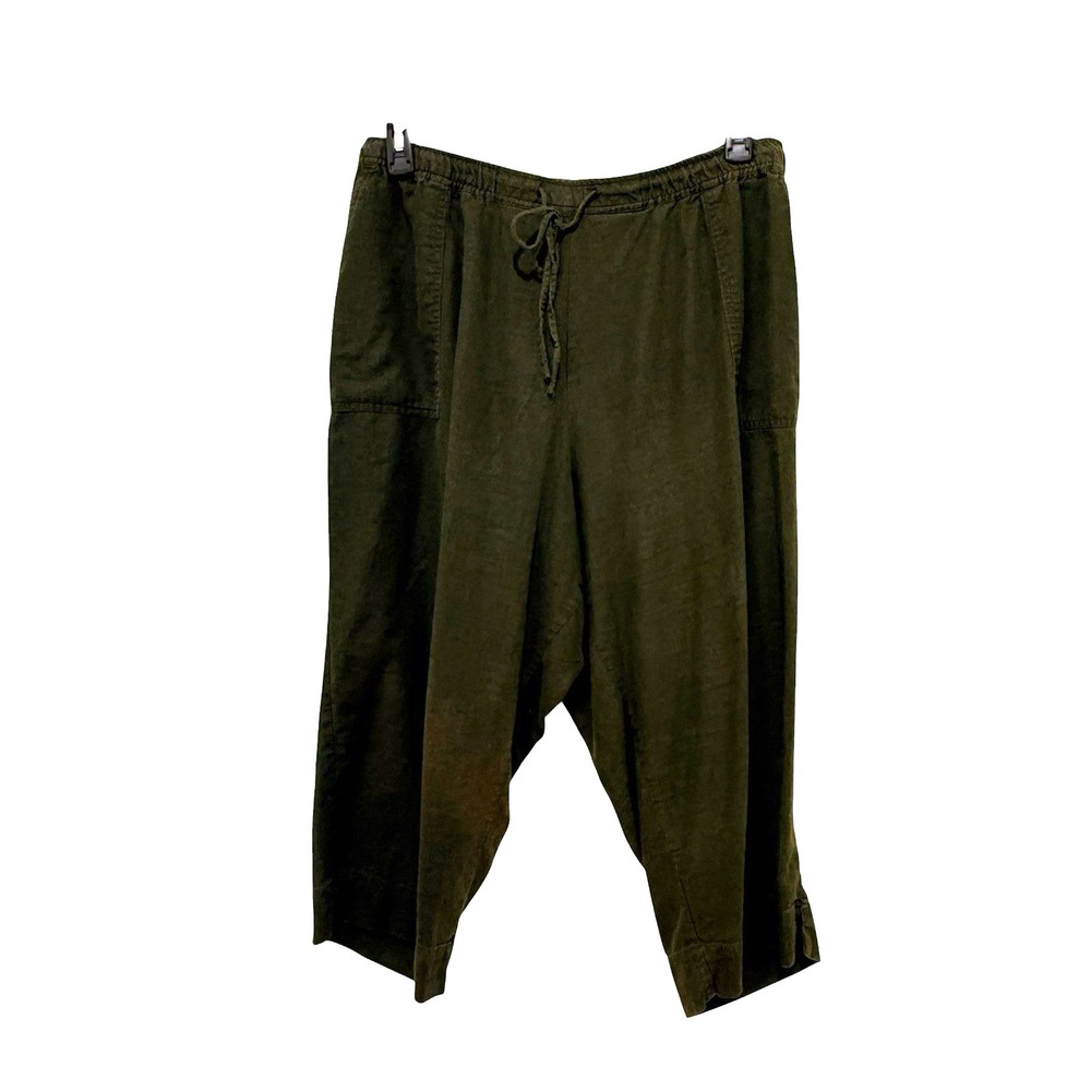 Soft Linen Blend Women's Plus Crop Wide Leg Olive Elastic Waist Pockets 18/20W